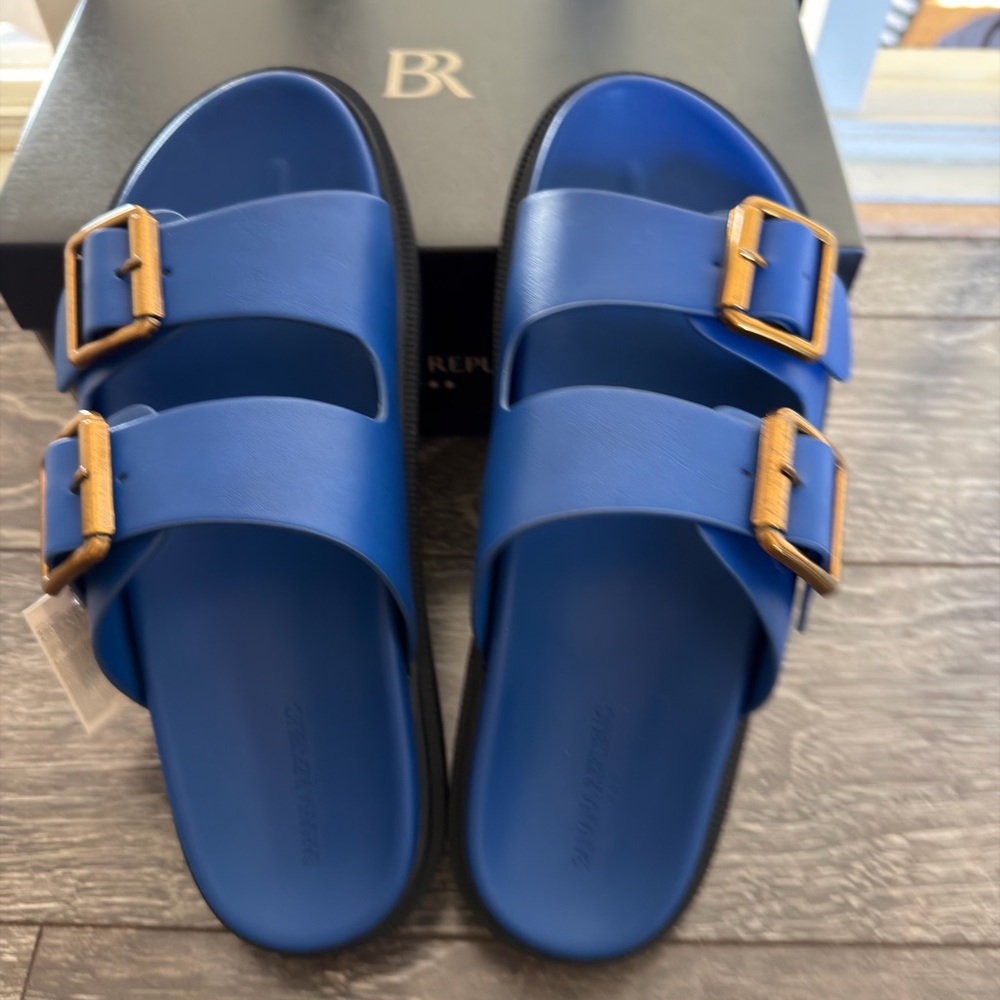 Banana Republic Blue Slides with Gold Buckles